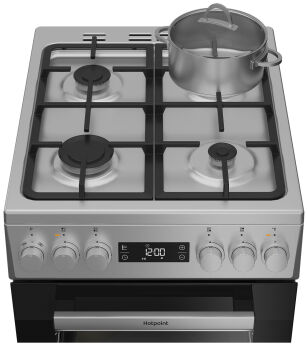 Газовая плита Hotpoint HSG5F1HX, серебристый, электродуховка с конвекцией, чугунные решетки, дисплей
